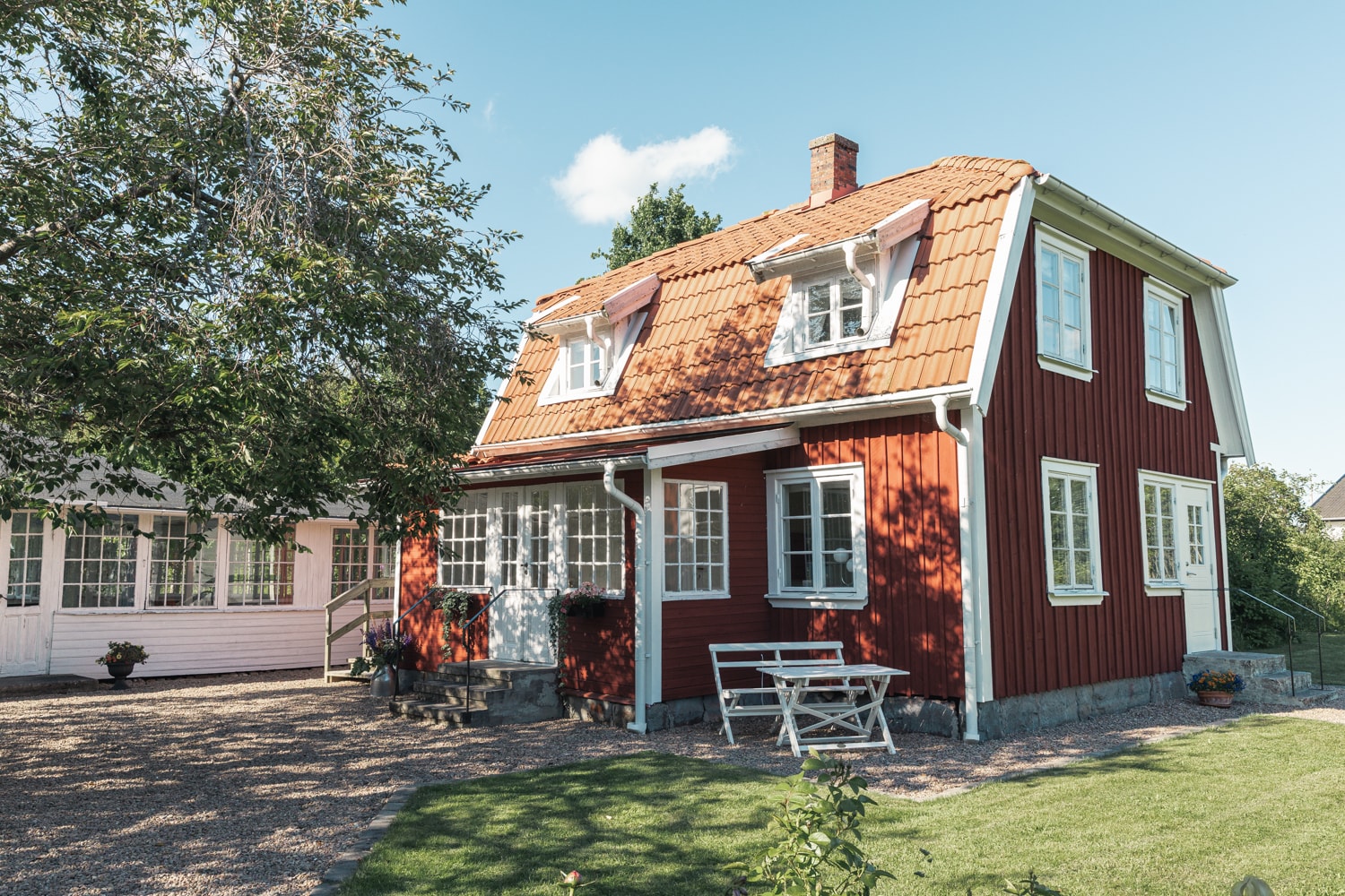 Gästhuset – ett rödmålat trähus med brutet tegeltak och vita fönster – vid gräsmattan i sommarsol.